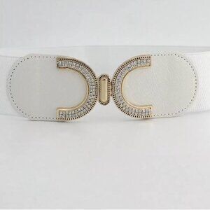 Rhinestone Buckle With Elastic Waist Belt White